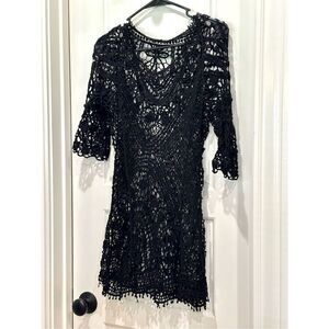 Black crochet long tunic coverup or top size M